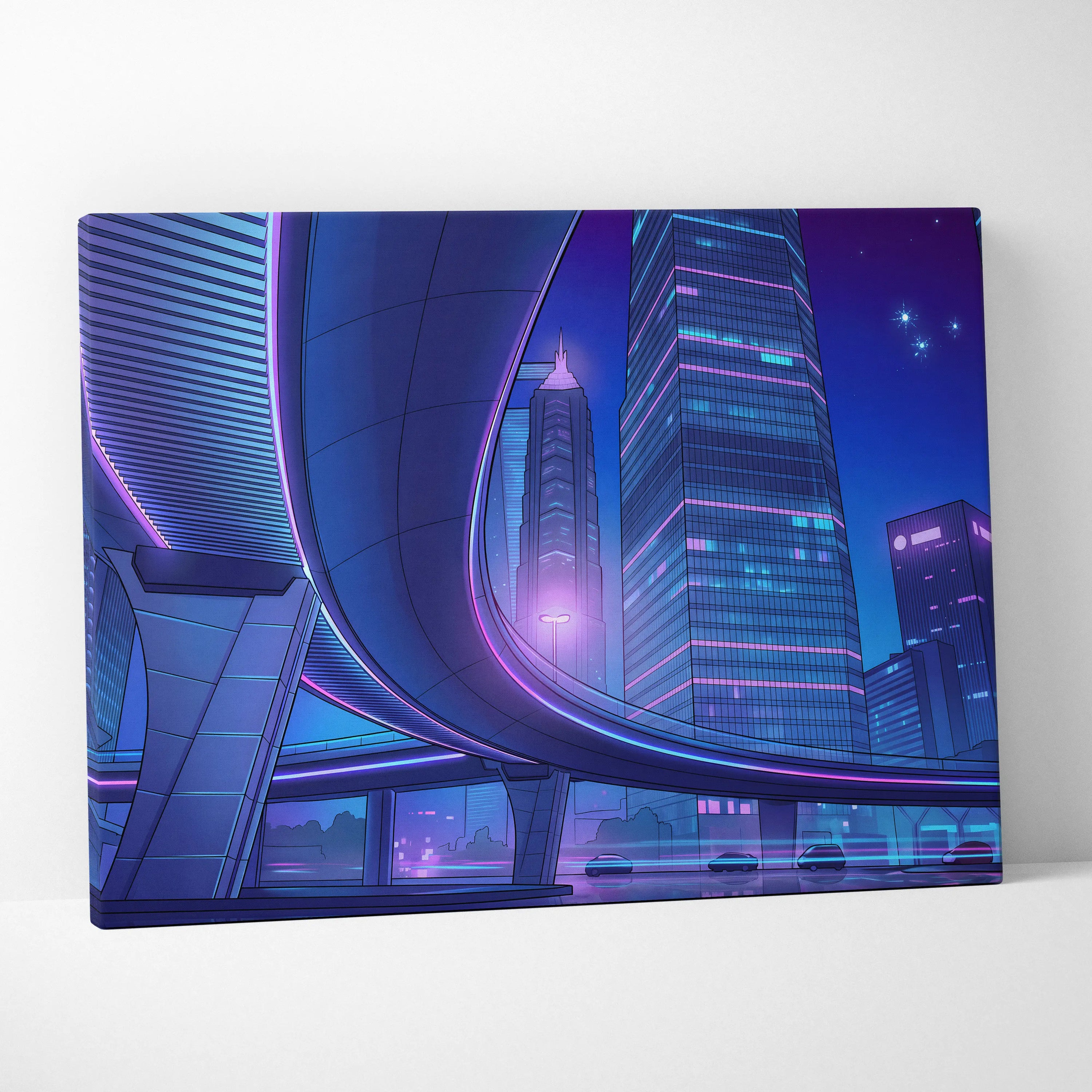 Neon Skyline Vapor Canvas - Vaporwave City Neon Blues Pink Living Synthwave Art Dreamy Mood Retro Futurism Art Canvas