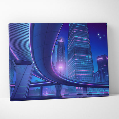 Neon Skyline Vapor Canvas - Vaporwave City Neon Blues Pink Living Synthwave Art Dreamy Mood Retro Futurism Art Canvas