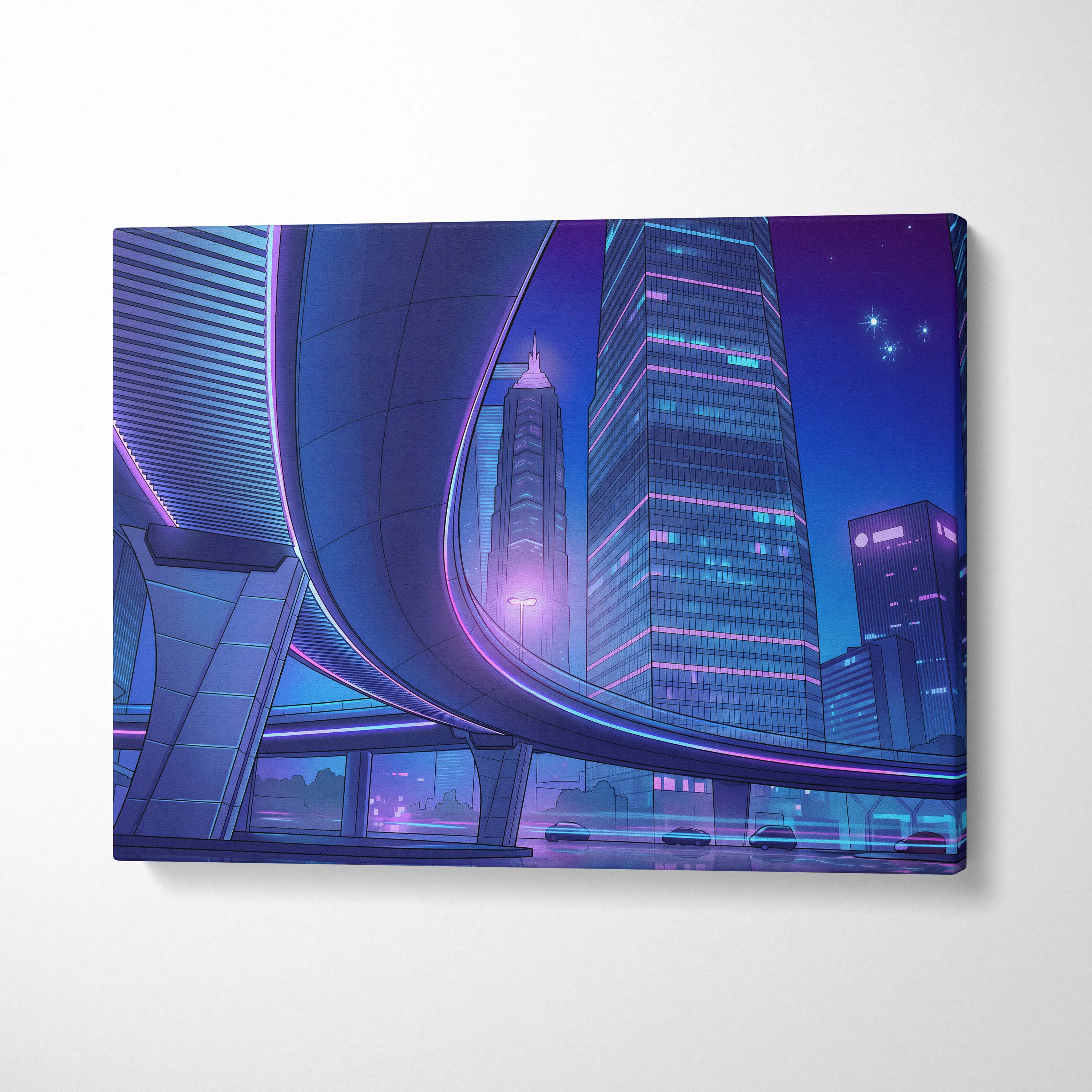 Neon Skyline Vapor Canvas - Vaporwave City Neon Blues Pink Living Synthwave Art Dreamy Mood Retro Futurism Art Canvas