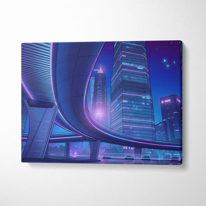 Neon Skyline Vapor Canvas - Vaporwave City Neon Blues Pink Living Synthwave Art Dreamy Mood Retro Futurism Art Canvas