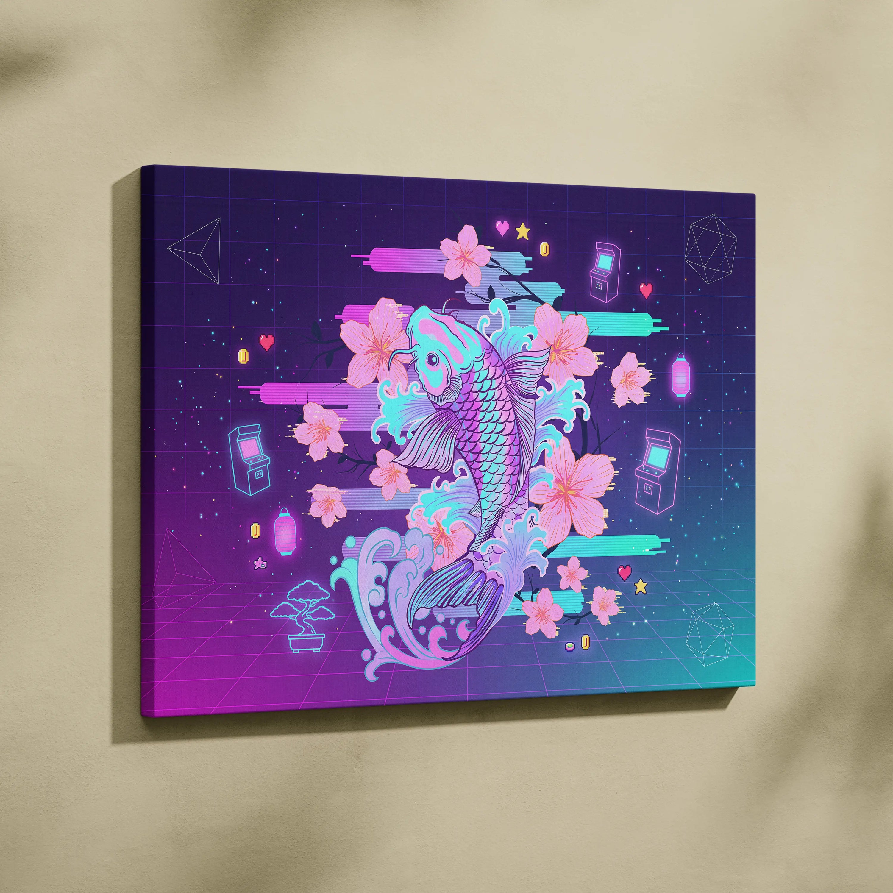 Vaporwave Sakura Neon Canvas - Koi Fish Pink Purple Aqua Living Room Vaporwave Dreamy Nostalgic Retro Wall Art Canvas