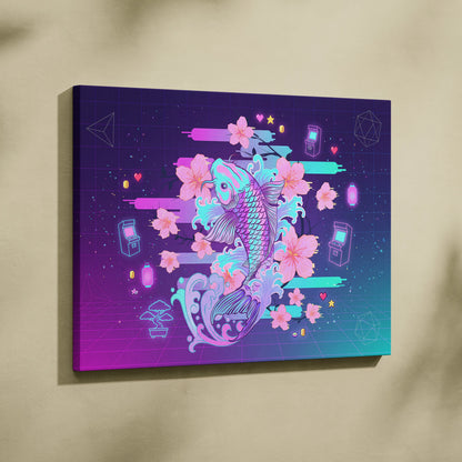 Vaporwave Sakura Neon Canvas - Koi Fish Pink Purple Aqua Living Room Vaporwave Dreamy Nostalgic Retro Wall Art Canvas