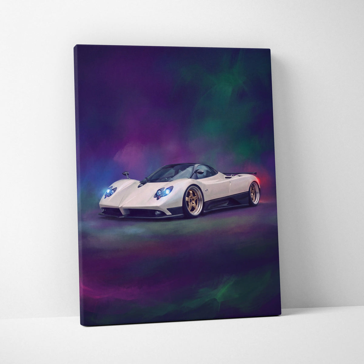 Pagani zonda inspired luxury supercar canvas print featuring a white car with gold rims on a purple green nebula background