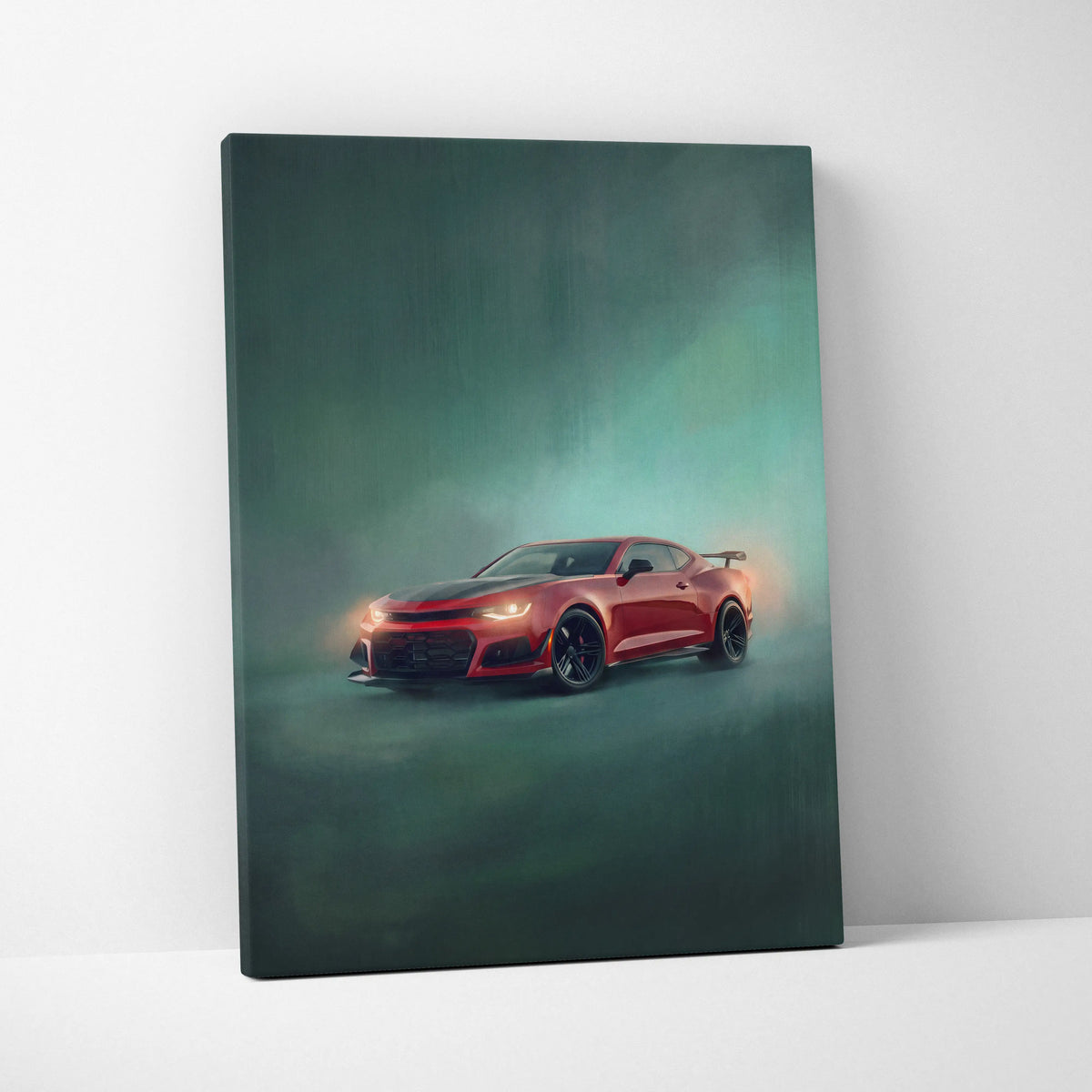 Red Chevrolet Camaro ZL1 inspired canvas print with sleek black accents and glowing headlights for tuner wall decor