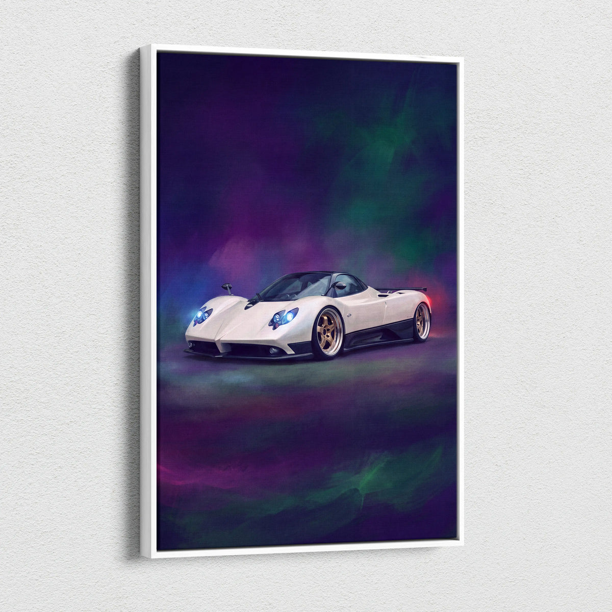 White pagani zonda sports car artwork in a sleek white frame luxury supercar canvas print for wall decor