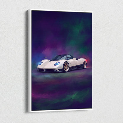 White pagani zonda sports car artwork in a sleek white frame luxury supercar canvas print for wall decor