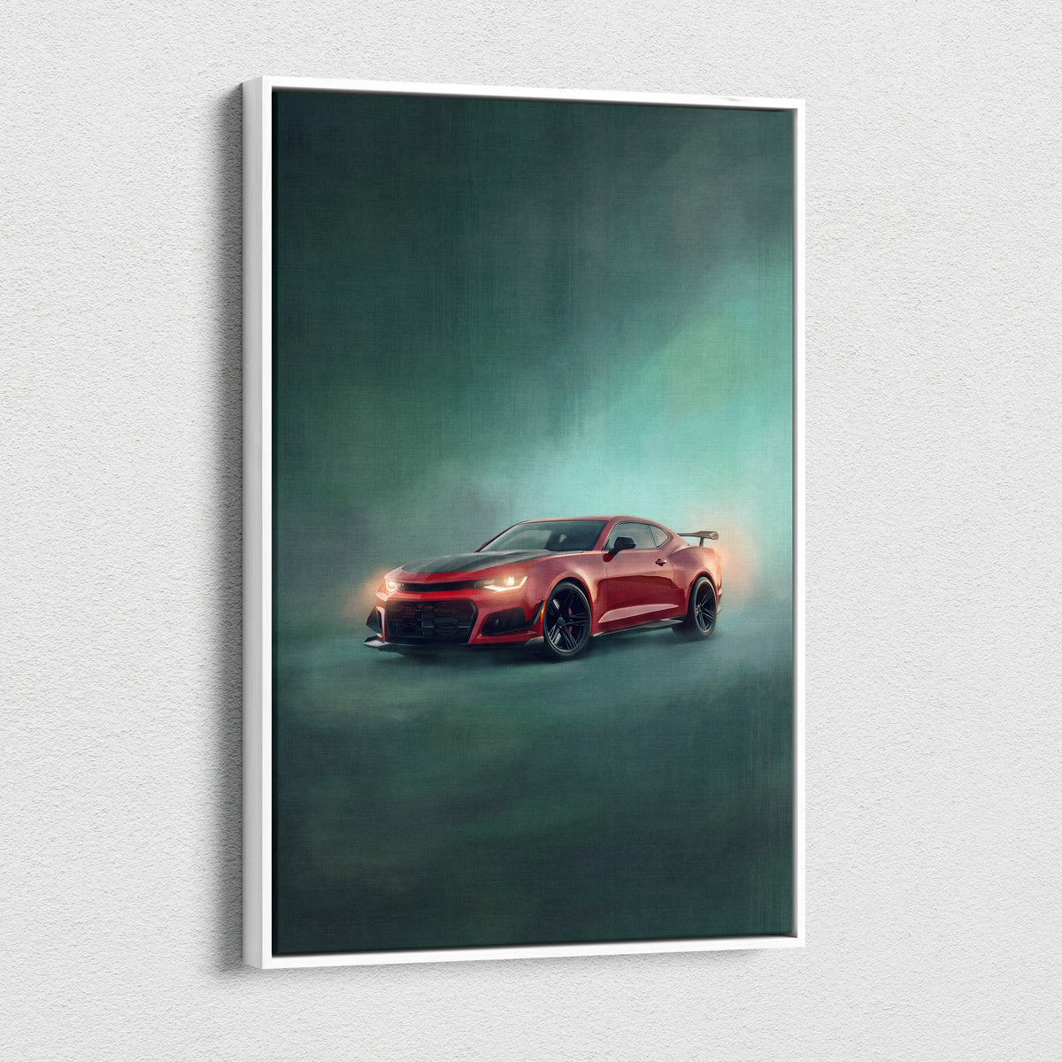 Red chevrolet camaro zl1 inspired sports car canvas art in white frame performance tuner wall decor for bedroom