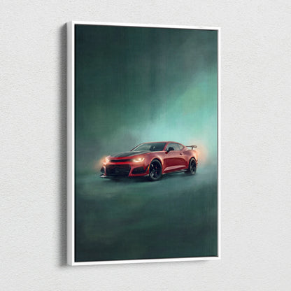 Red chevrolet camaro zl1 inspired sports car canvas art in white frame performance tuner wall decor for bedroom