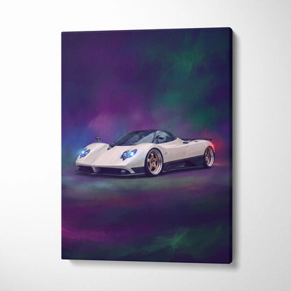 Pagani Zonda inspired luxury supercar canvas print featuring white car with glowing blue headlights and gold rims on nebula background