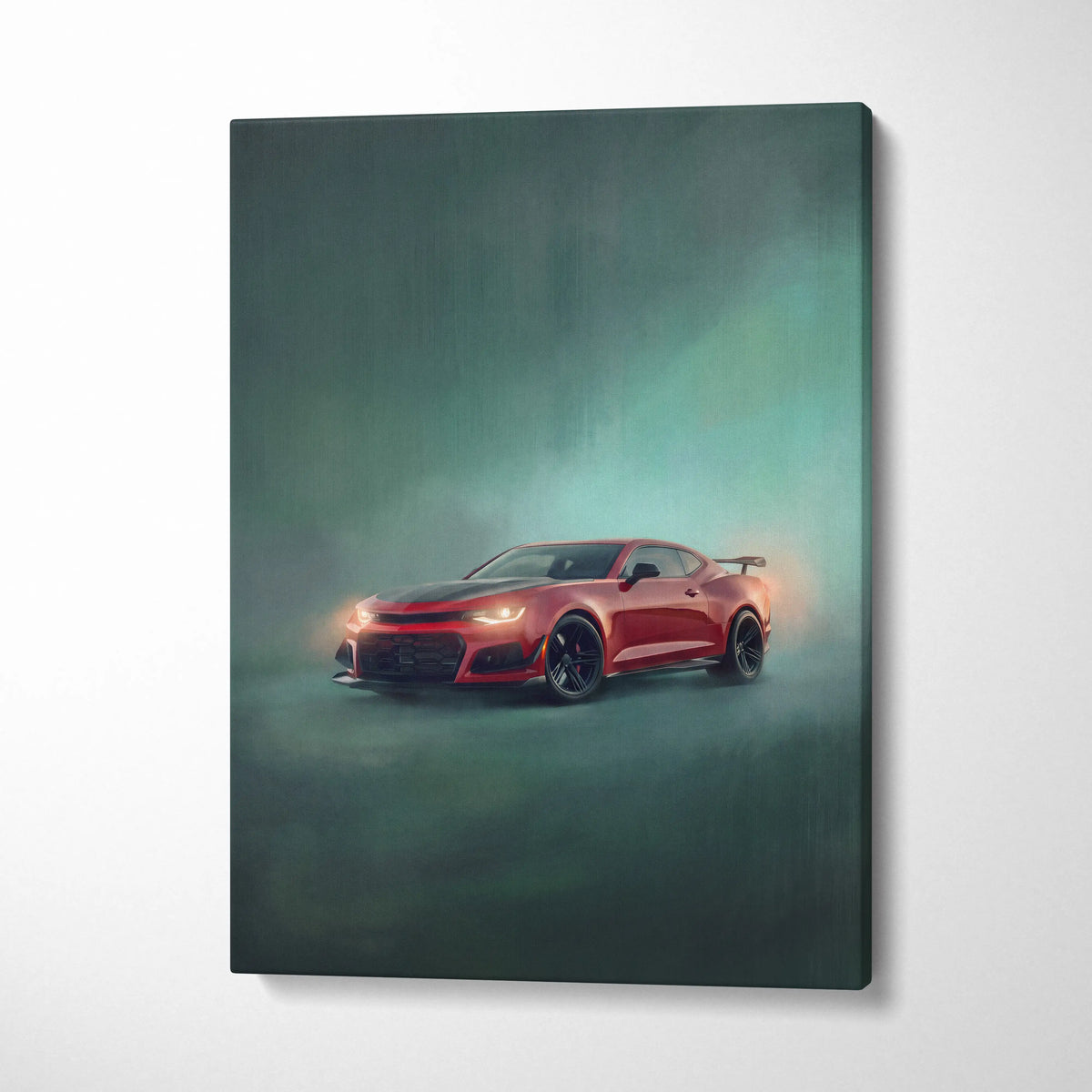 Vibrant red Chevrolet Camaro ZL1 canvas art featuring a dynamic misty studio scene for automotive wall decor