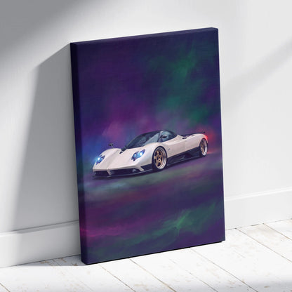 Pagani Zonda inspired white sports car canvas print with glowing blue headlights and gold rims on nebula backdrop