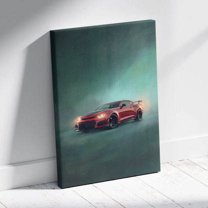 Red Chevrolet Camaro ZL1 canvas print with black racing stripes and glowing headlights for automotive wall decor