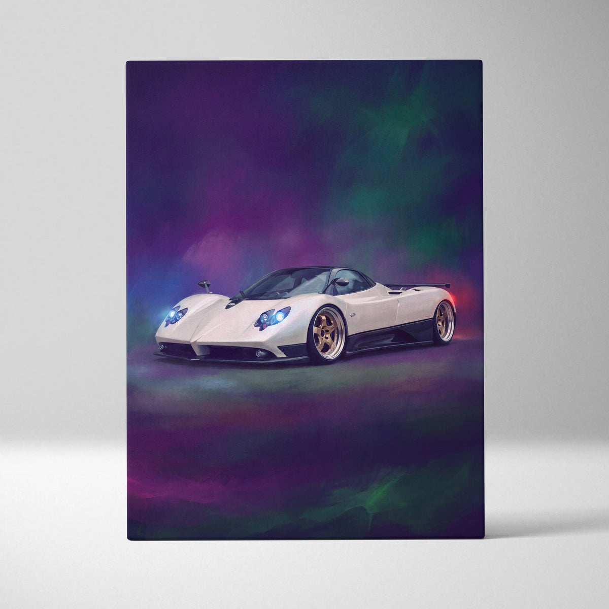 Pagani zonda inspired automotive wall art featuring white sports car with gold rims and glowing blue headlights on canvas print