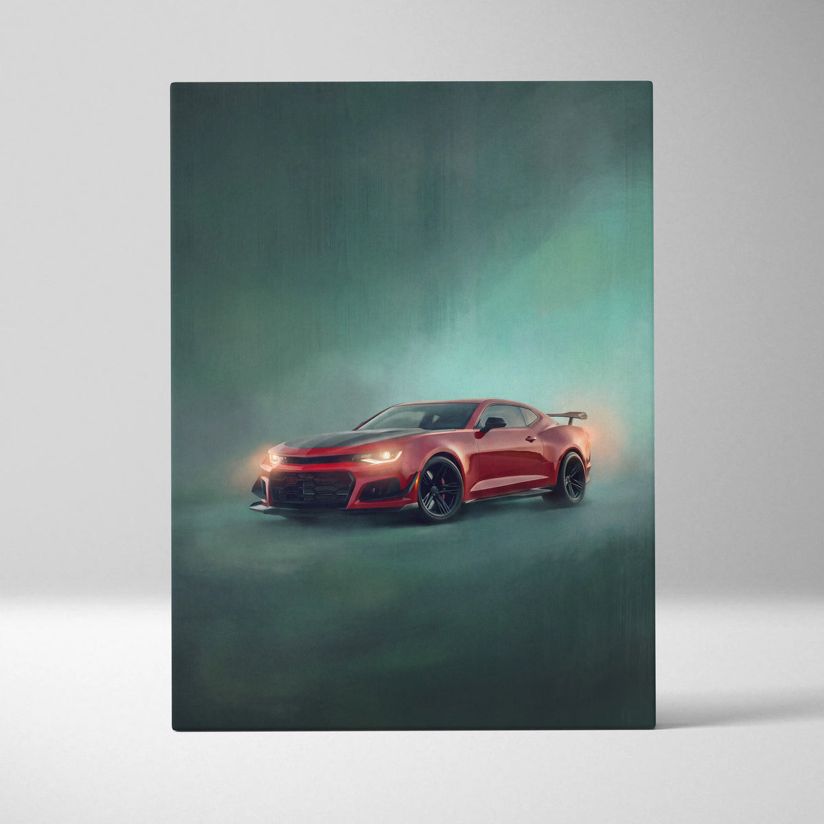 Red chevrolet camaro zl1 inspired sports car canvas art with black accents and rear spoiler for performance tuner decor