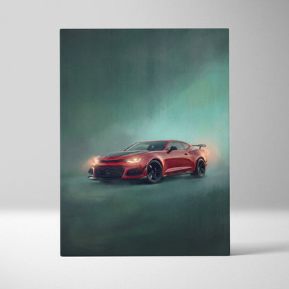 Red chevrolet camaro zl1 inspired sports car canvas art with black accents and rear spoiler for performance tuner decor