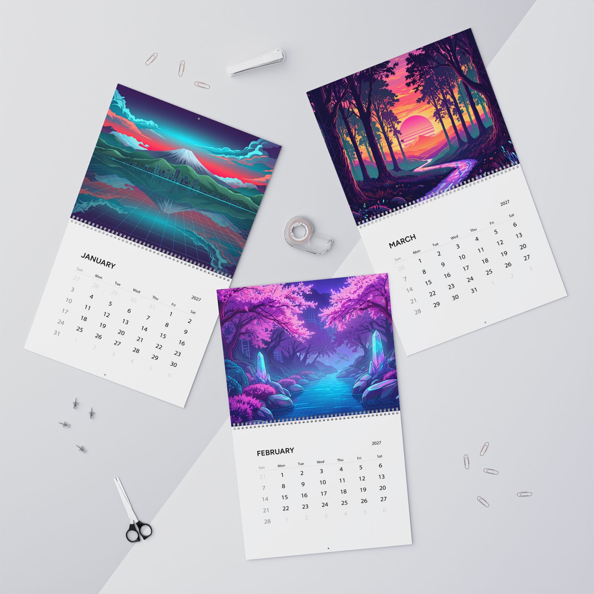 2027 Vaporwave Artwork Wall Calendar – Retro Futuristic Neon Art & Colorful Dreamscape Designs