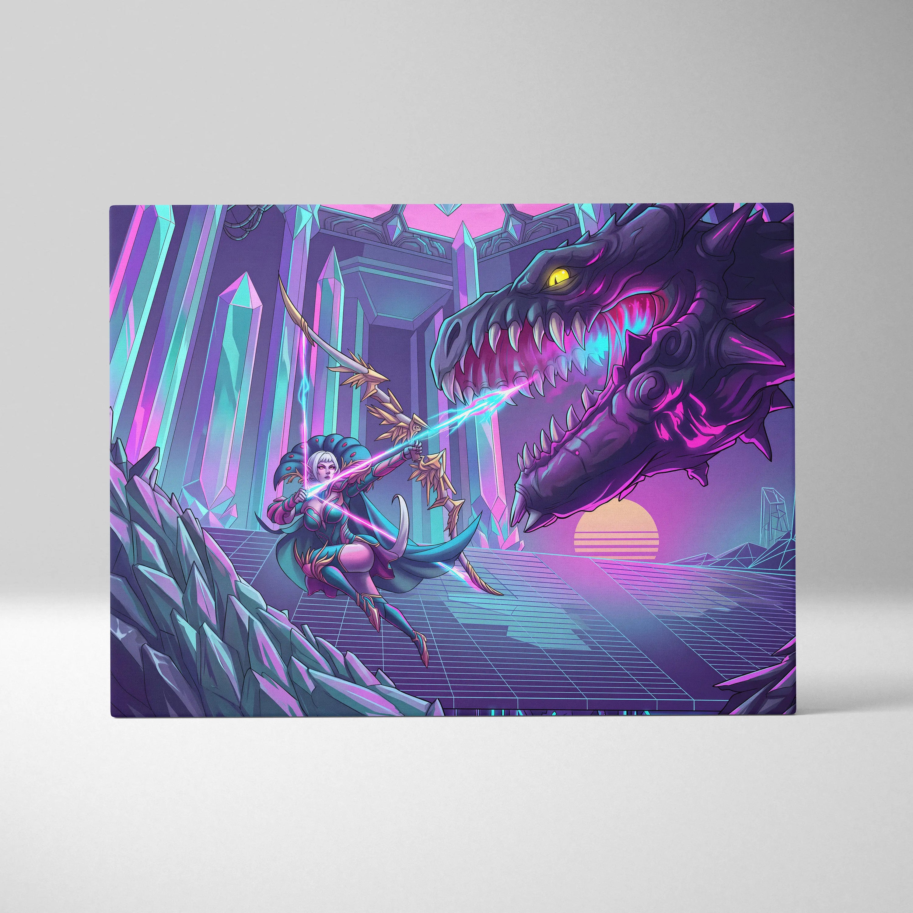 Vaporwave Dragon Night Canvas - Dragon Neon Purple Blue Living Room Vaporwave - Mystical Neon Wall Art Canvas