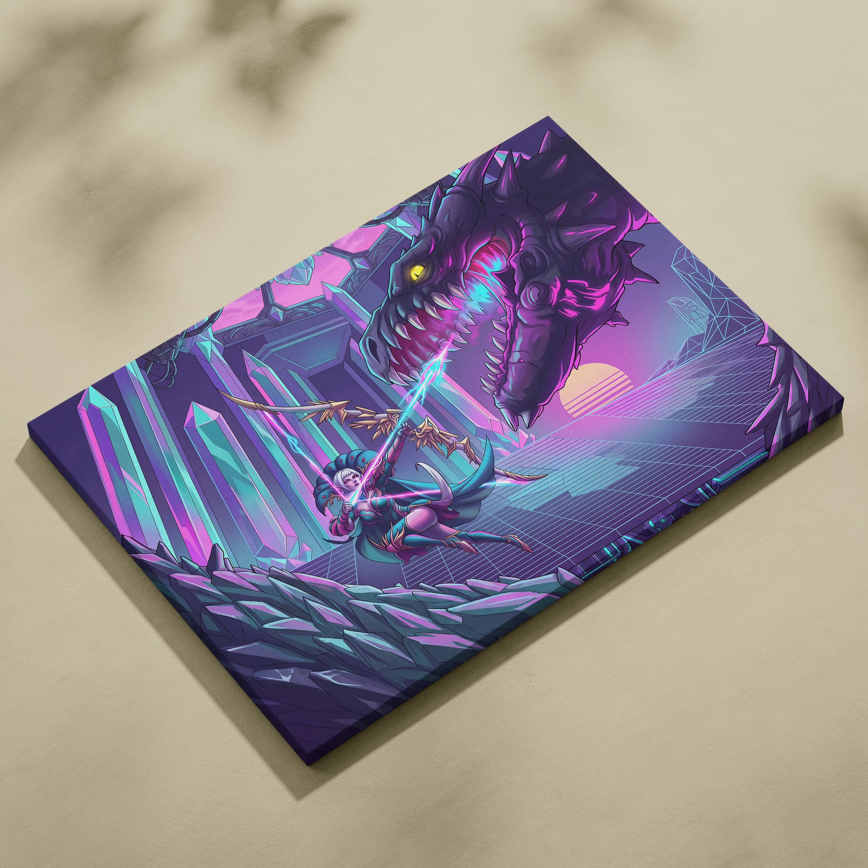 Vaporwave Dragon Night Canvas - Dragon Neon Purple Blue Living Room Vaporwave - Mystical Neon Wall Art Canvas