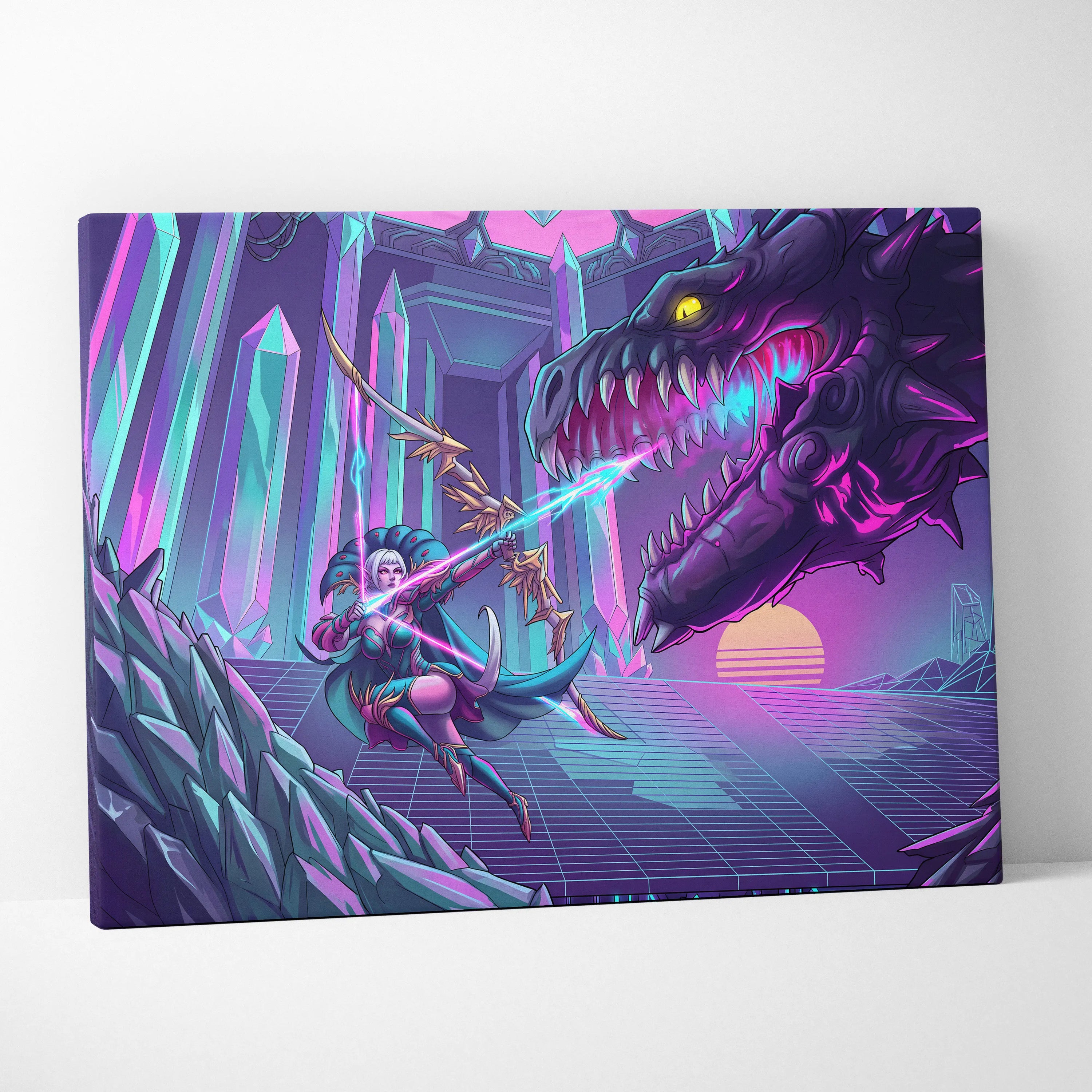 Vaporwave Dragon Night Canvas - Dragon Neon Purple Blue Living Room Vaporwave - Mystical Neon Wall Art Canvas