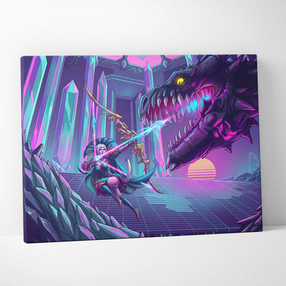 Vaporwave Dragon Night Canvas - Dragon Neon Purple Blue Living Room Vaporwave - Mystical Neon Wall Art Canvas