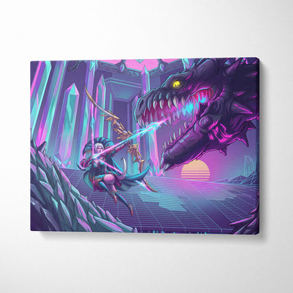 Vaporwave Dragon Night Canvas - Dragon Neon Purple Blue Living Room Vaporwave - Mystical Neon Wall Art Canvas
