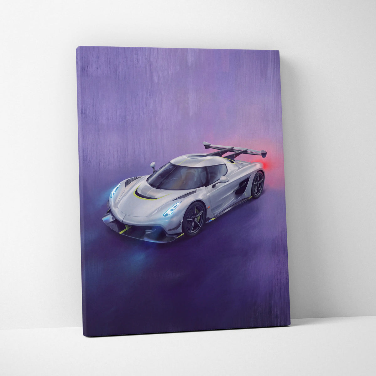 Silver koenigsegg jesko hypercar dynamic stylized painting on canvas luxury supercar wall art print