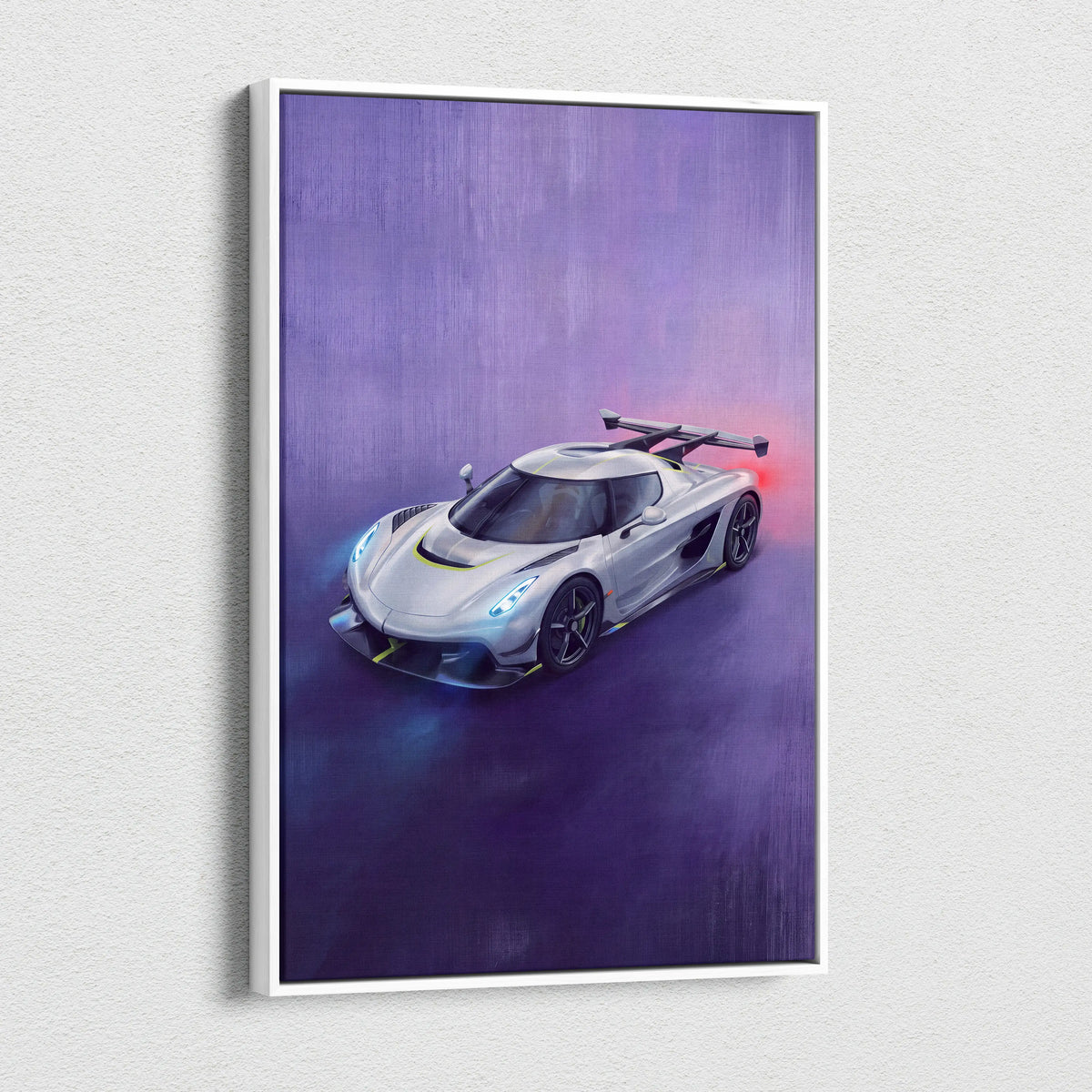 Silver koenigsegg jesko inspired hypercar wall art with glowing blue headlights in white frame on purple gradient background