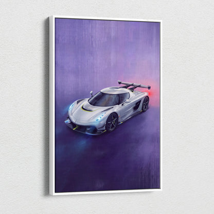 Silver koenigsegg jesko inspired hypercar wall art with glowing blue headlights in white frame on purple gradient background