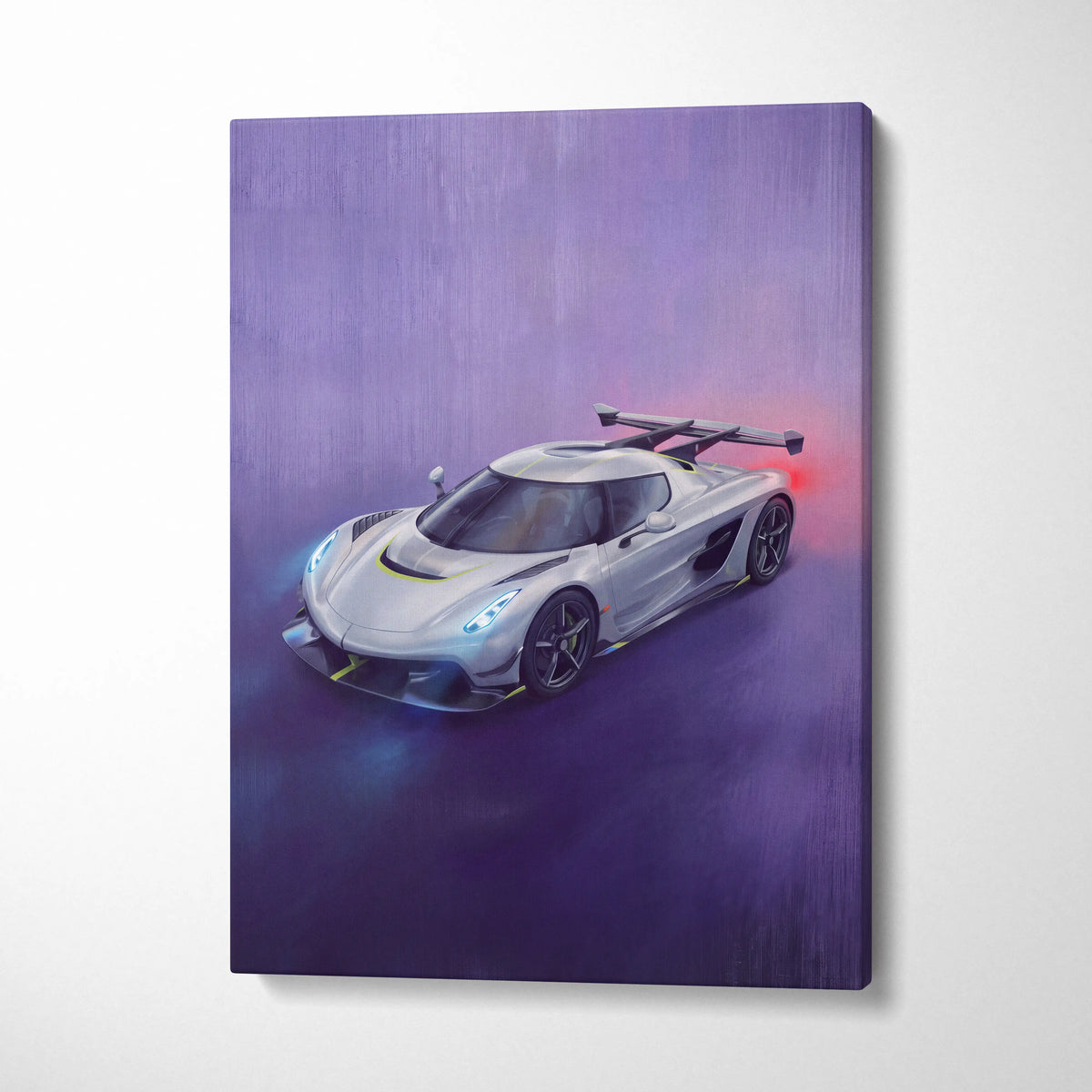 Koenigsegg Jesko inspired automotive wall art featuring a silver hypercar with glowing blue and red accents on purple background
