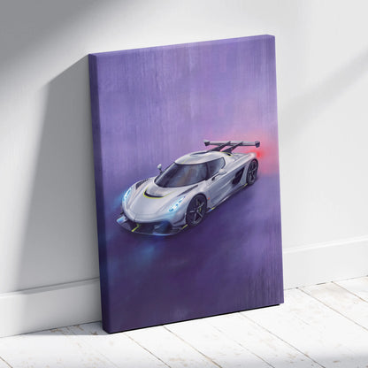 Silver koenigsegg jesko hypercar on purple canvas luxury supercar automotive wall art print