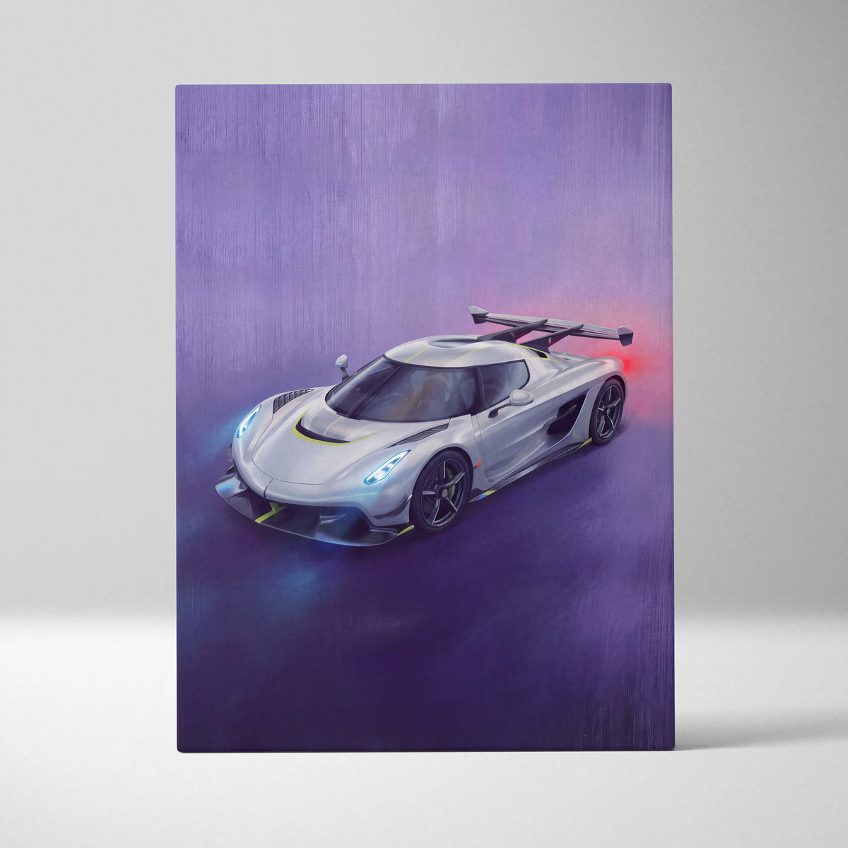Silver Koenigsegg Jesko inspired automotive wall art featuring glowing blue headlights and prominent rear wing canvas print