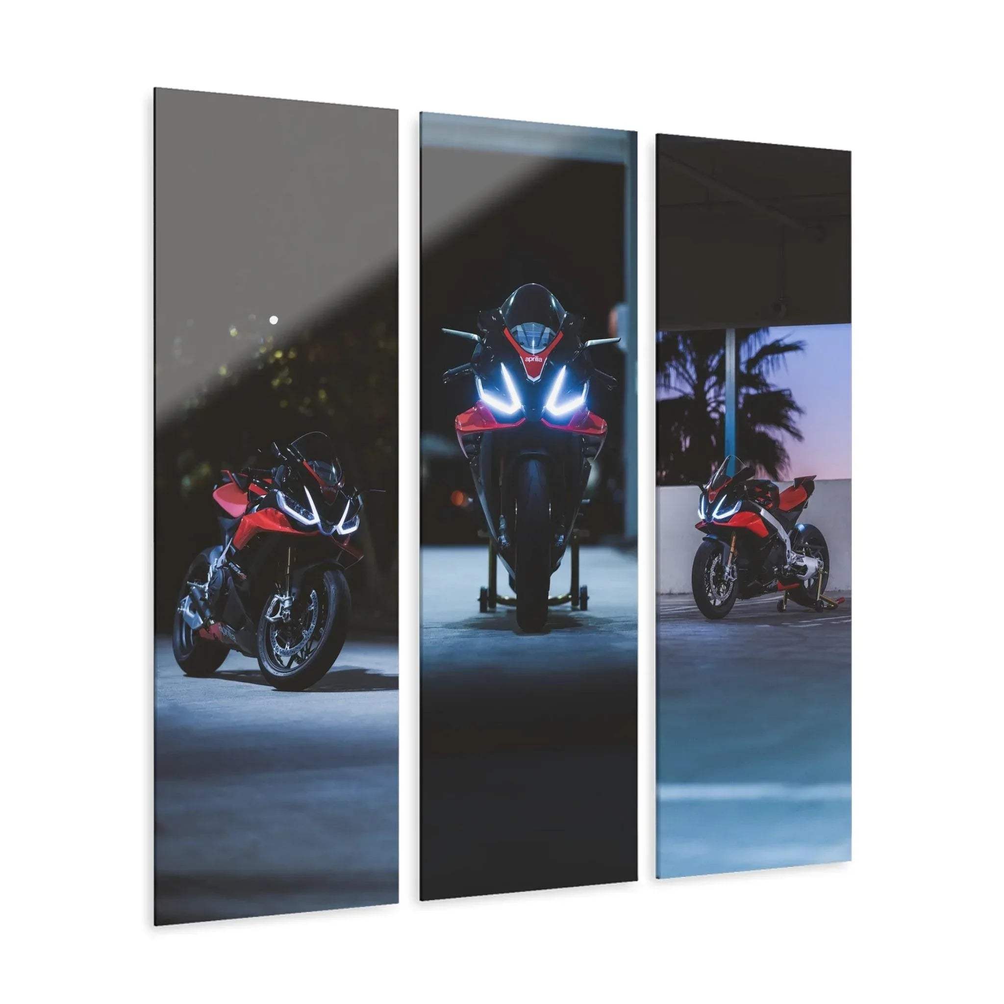 Three-piece acrylic canvas wall art featuring Aprilia RSV4 1100 Factory motorcycle in dynamic night scenes.