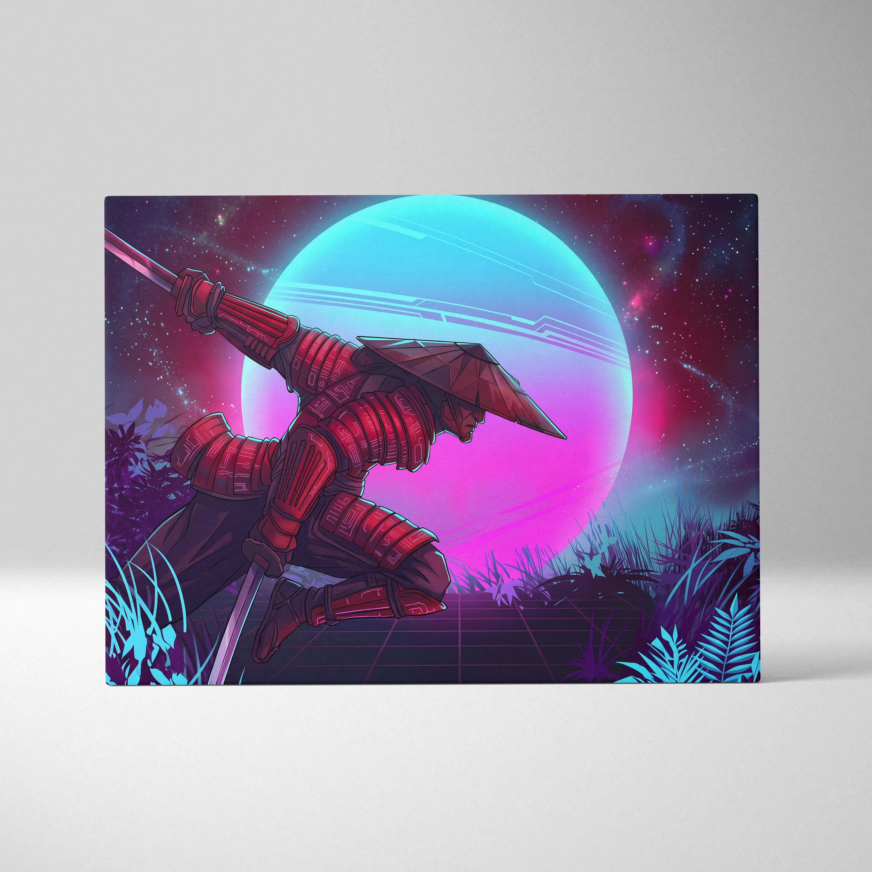 Vaporwave Neon Samurai Canvas - samurai canvas neon pink blue bedroom vaporwave nostalgic mood retrofuturist canvas