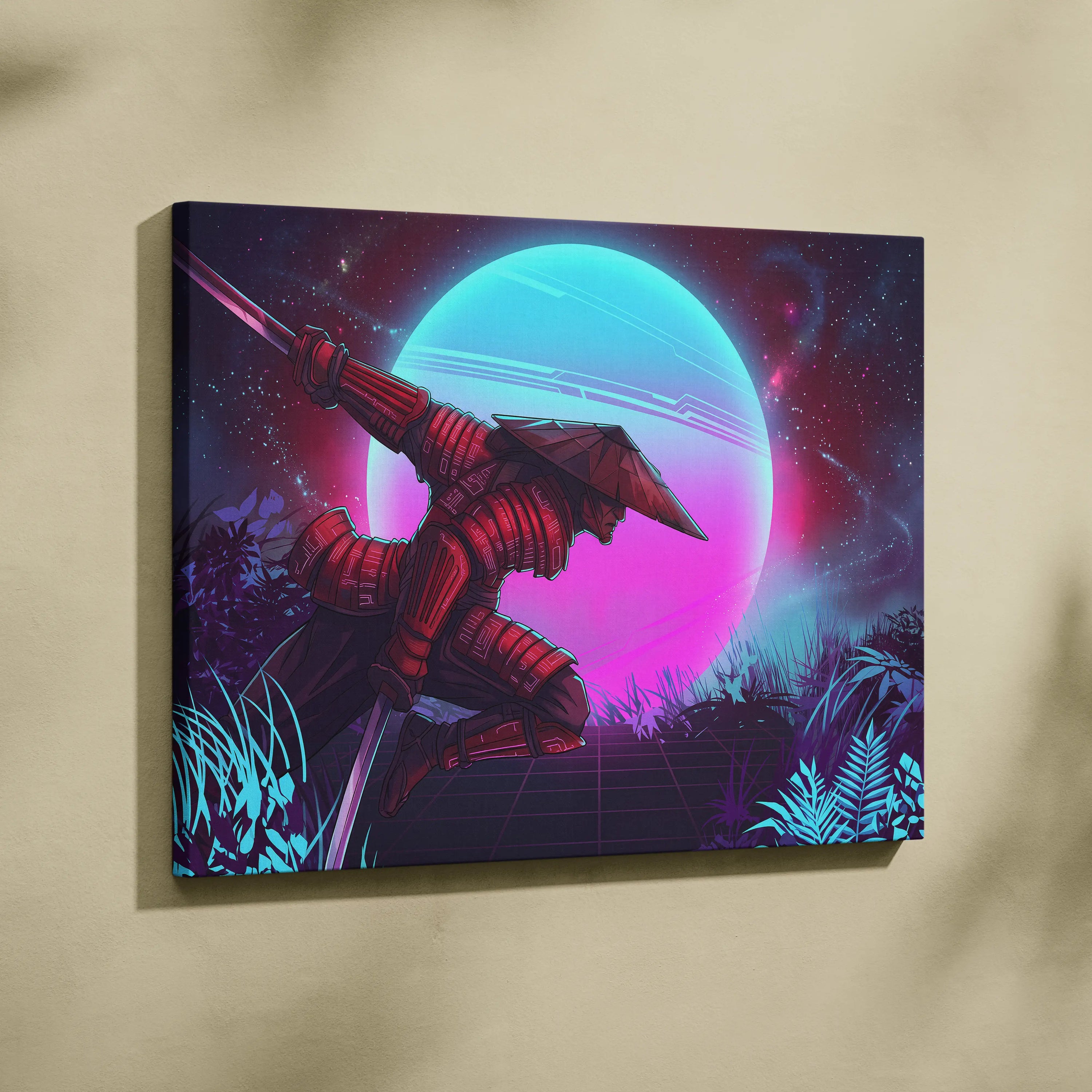 Vaporwave Neon Samurai Canvas - samurai canvas neon pink blue bedroom vaporwave nostalgic mood retrofuturist canvas