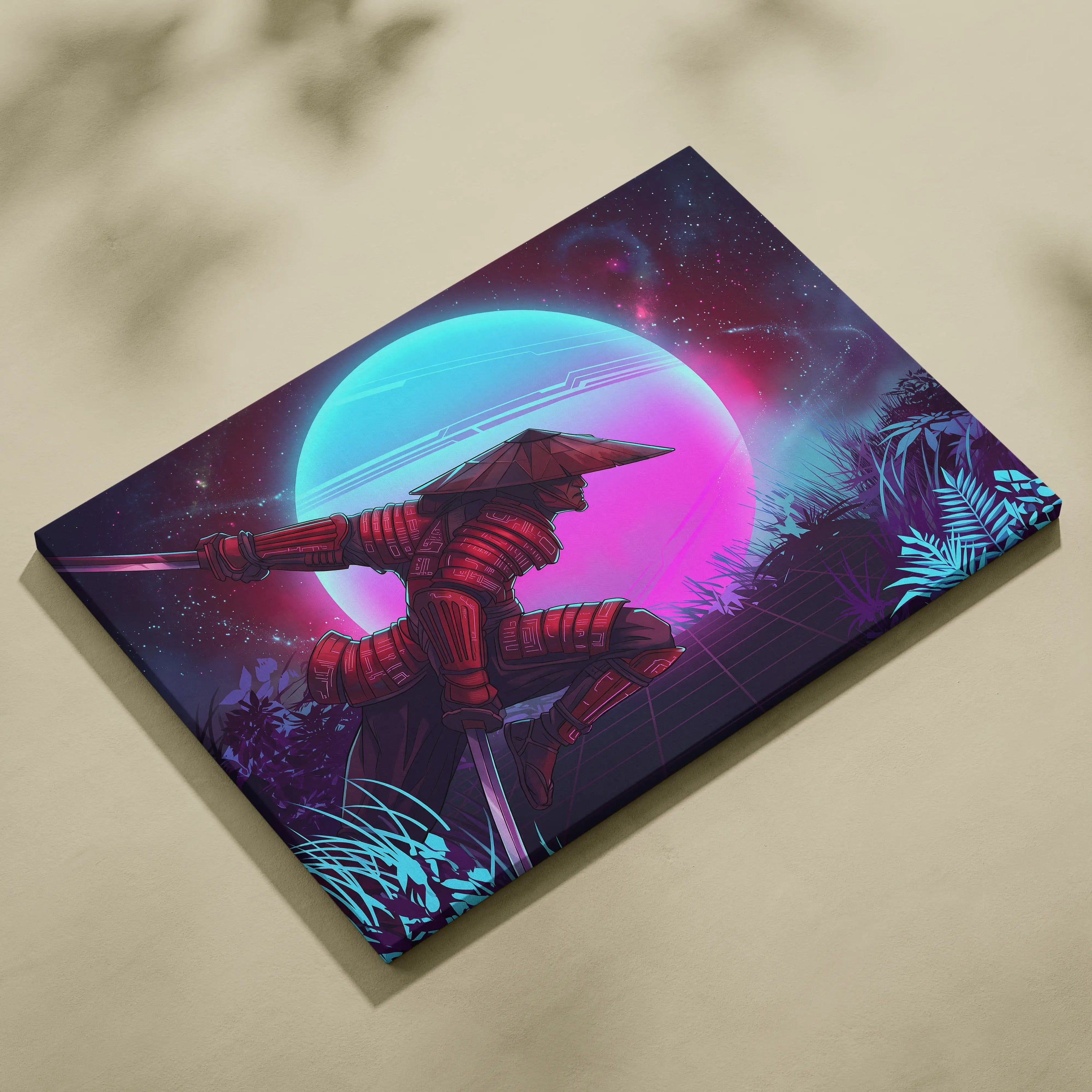 Vaporwave Neon Samurai Canvas - samurai canvas neon pink blue bedroom vaporwave nostalgic mood retrofuturist canvas