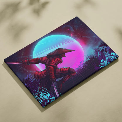 Vaporwave Neon Samurai Canvas - samurai canvas neon pink blue bedroom vaporwave nostalgic mood retrofuturist canvas