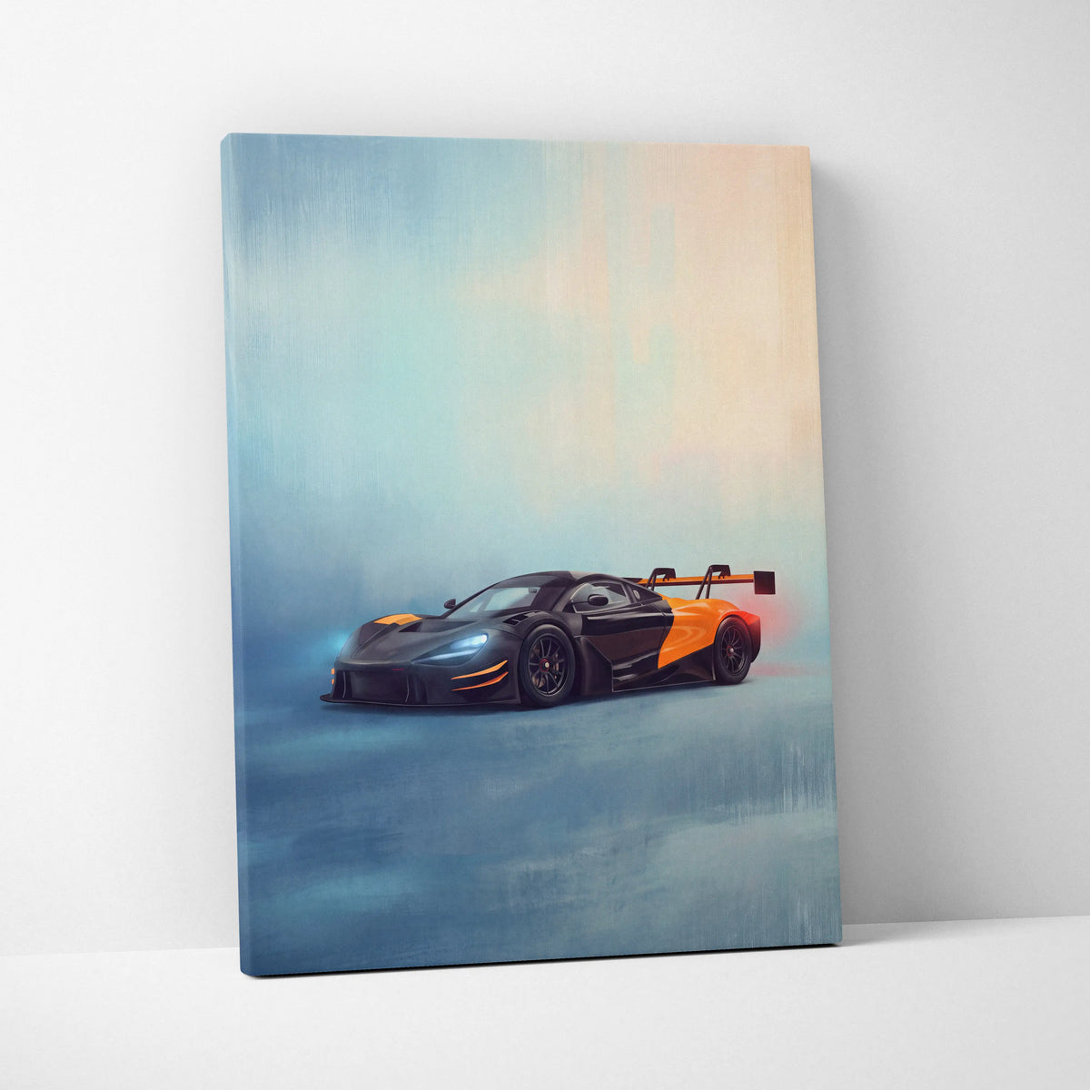 Black and orange mclaren 720s gt3 evo inspired supercar canvas art print on high quality wall art canvas