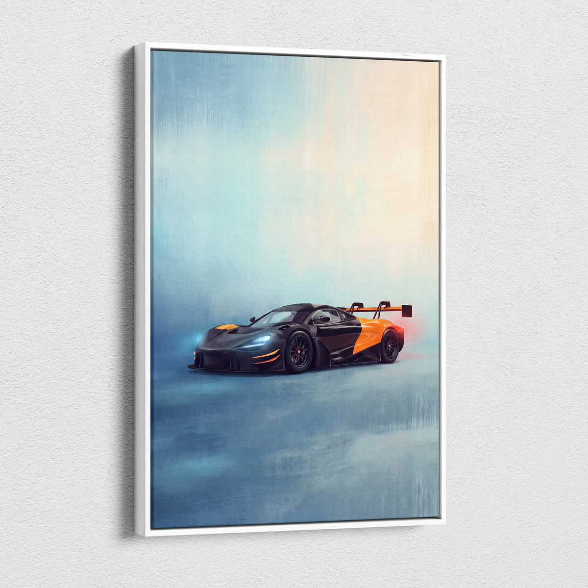 Framed black and orange mclaren 720s gt3 evo inspired supercar canvas art print for custom car wall decor