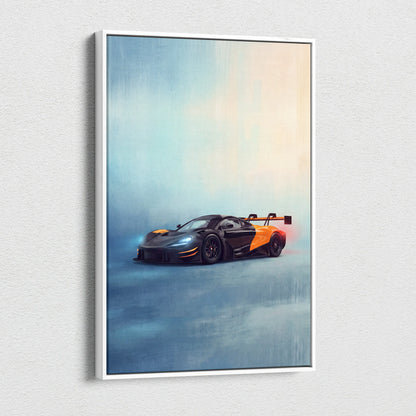 Framed black and orange mclaren 720s gt3 evo inspired supercar canvas art print for custom car wall decor