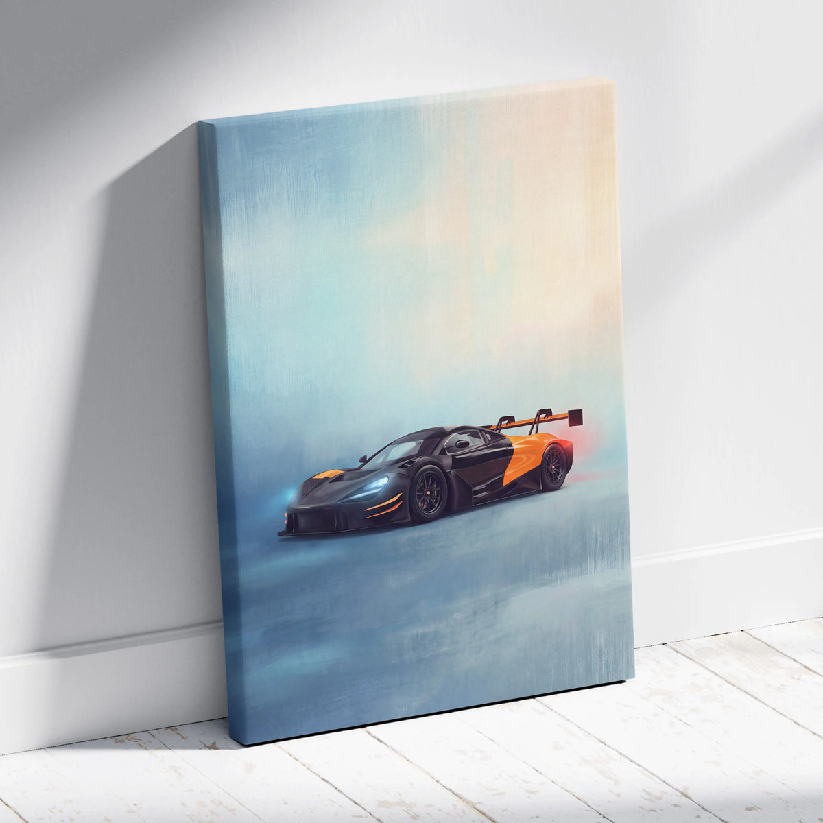 Black and orange mclaren 720s gt3 evo inspired supercar canvas art print for custom car wall decor