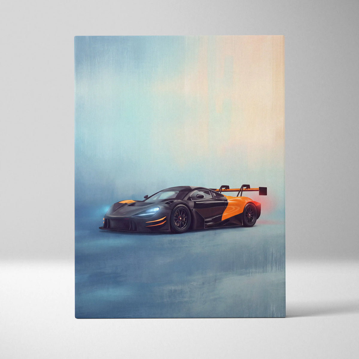 Black and orange McLaren 720S GT3 Evo inspired supercar canvas art featuring stylized racing car wall print