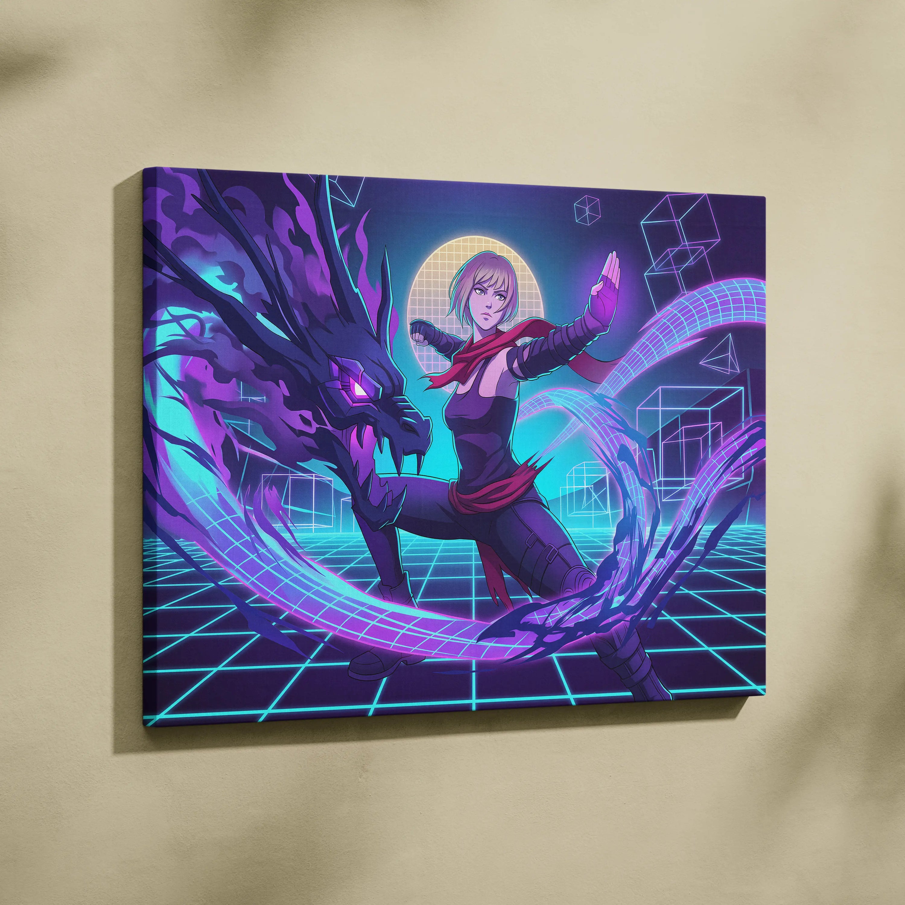 Vaporwave Neon Hero Canvas - Vaporwave Fantasy Hero Neon Purple Blue Living Room Dreamy Neon Mood Retro Futurism Canvas