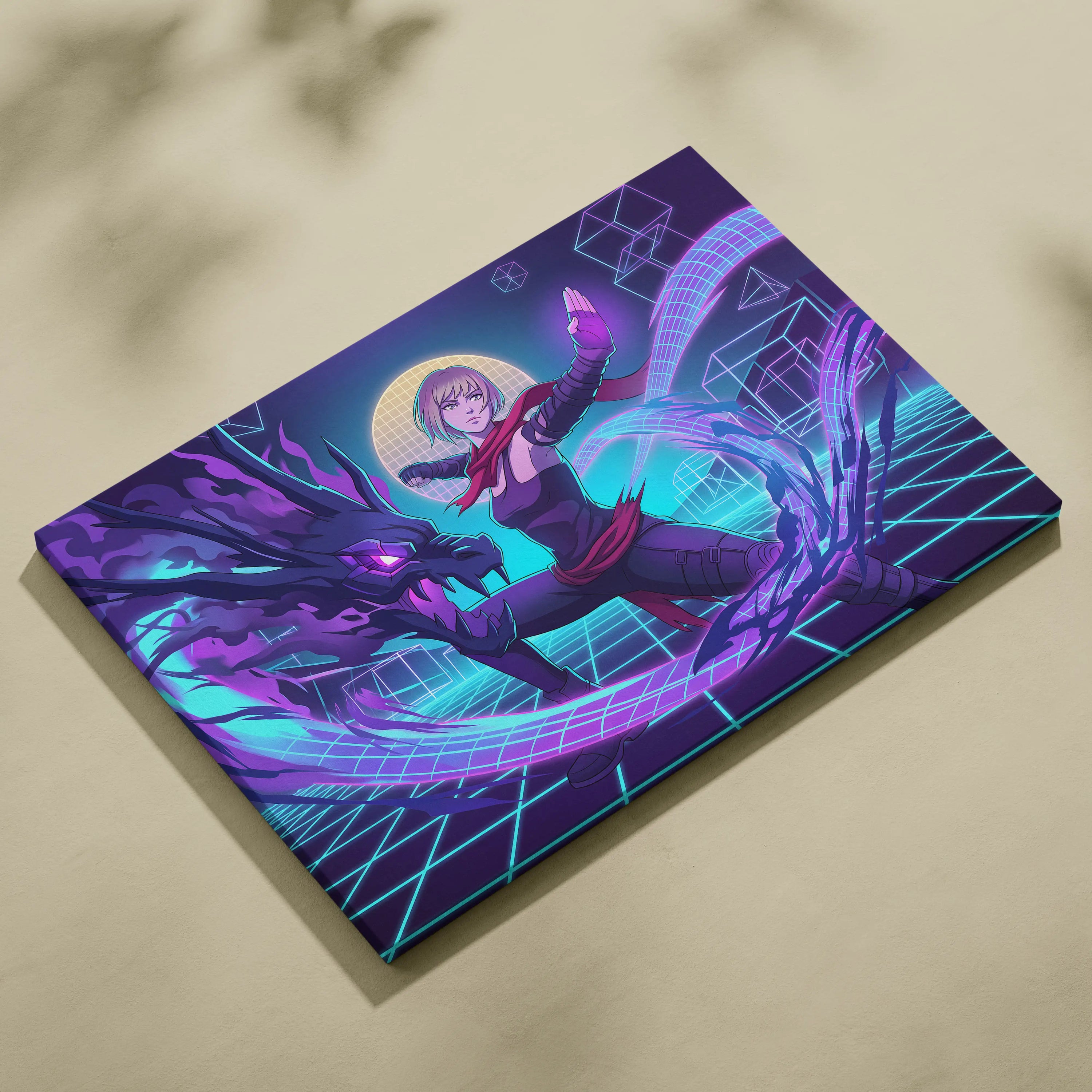 Vaporwave Neon Hero Canvas - Vaporwave Fantasy Hero Neon Purple Blue Living Room Dreamy Neon Mood Retro Futurism Canvas