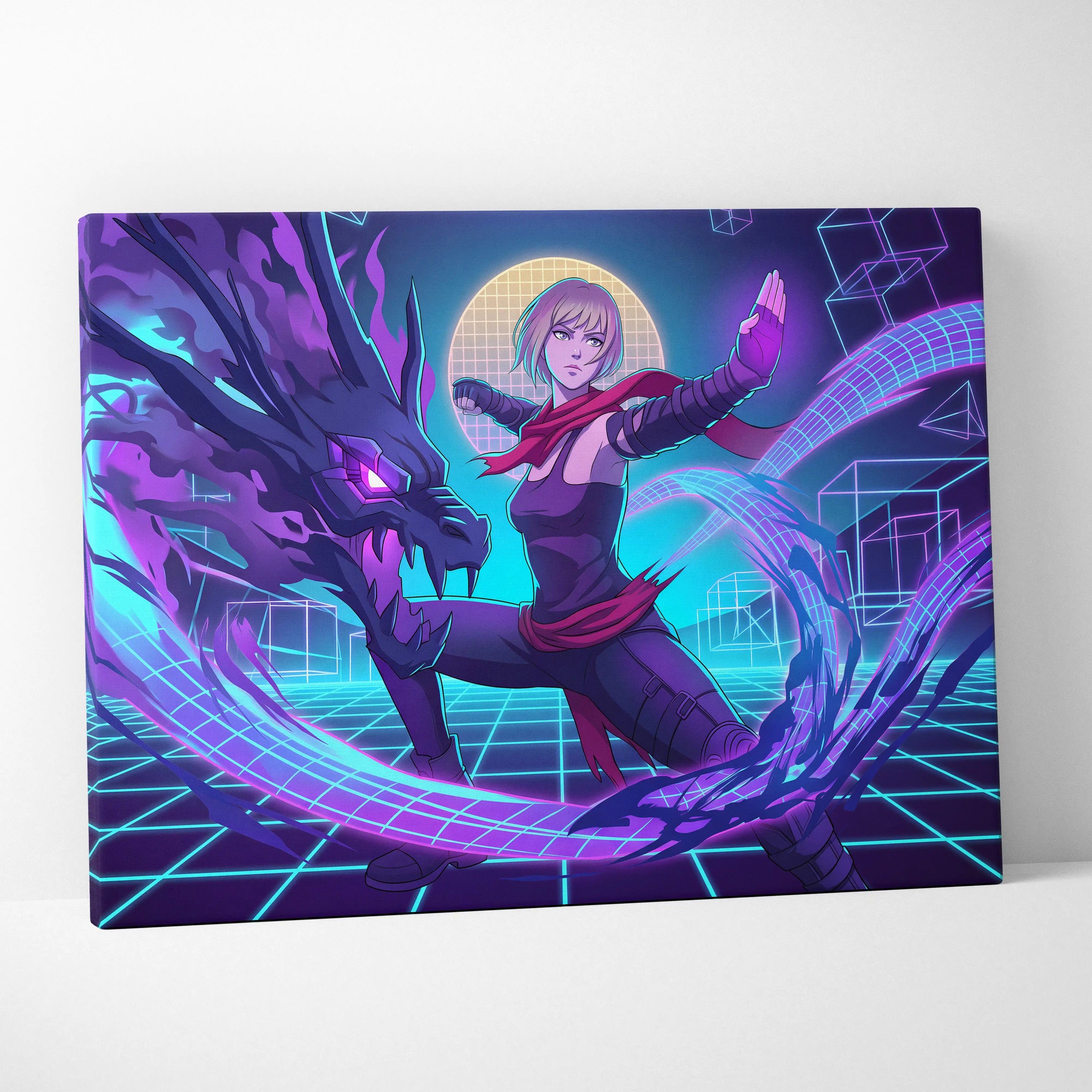 Vaporwave Neon Hero Canvas - Vaporwave Fantasy Hero Neon Purple Blue Living Room Dreamy Neon Mood Retro Futurism Canvas