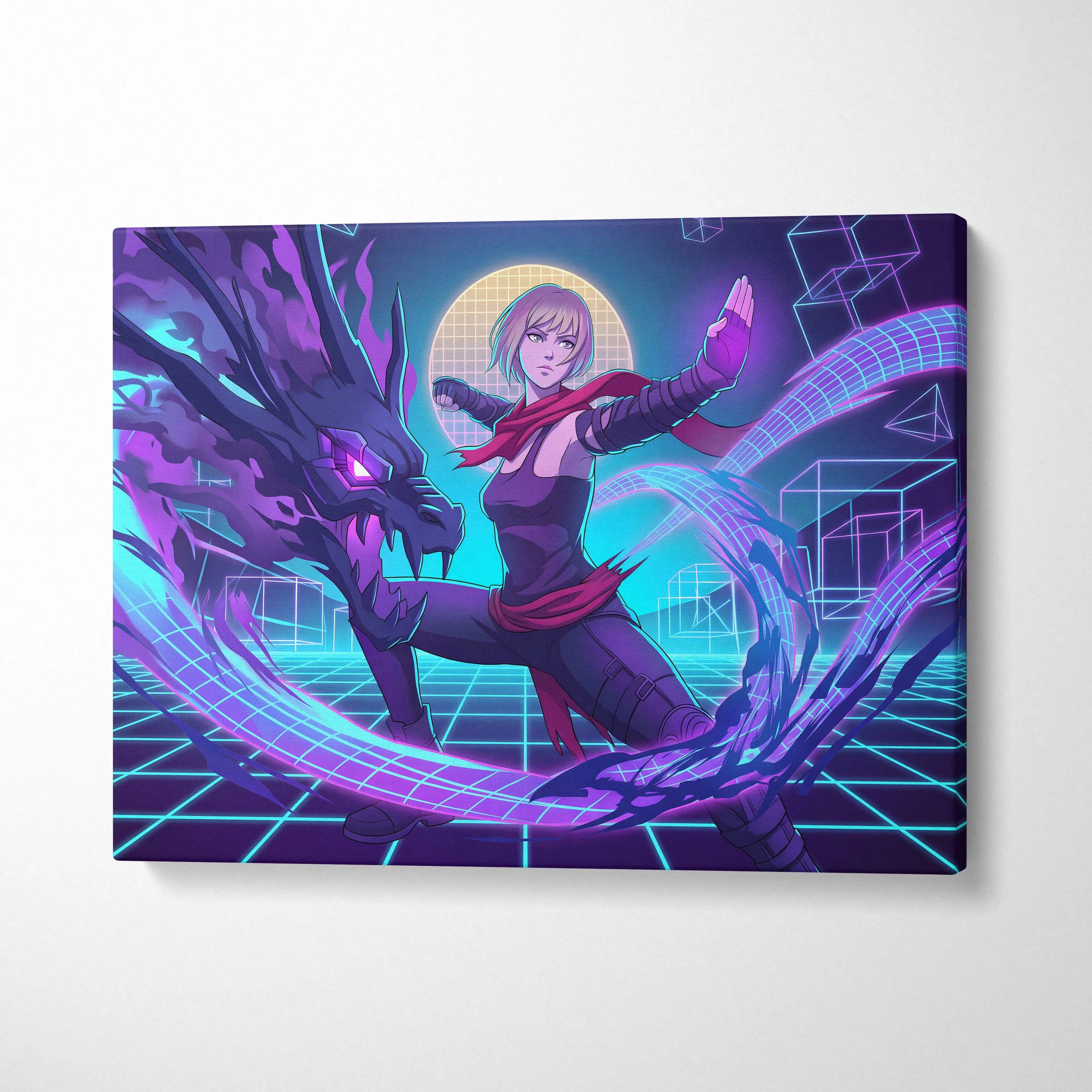 Vaporwave Neon Hero Canvas - Vaporwave Fantasy Hero Neon Purple Blue Living Room Dreamy Neon Mood Retro Futurism Canvas
