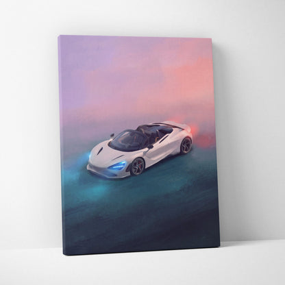 White mclaren 720s spider inspired canvas art with glowing blue headlights and pink purple sky backdrop wall decor