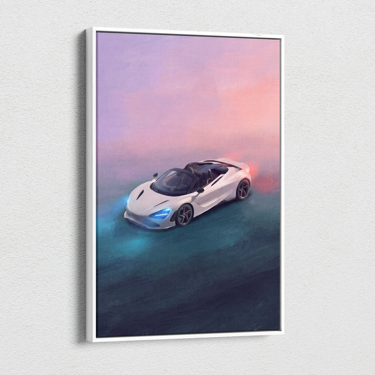 White McLaren 720S Spider convertible canvas art with glowing blue headlights and pinkish-purple sky background