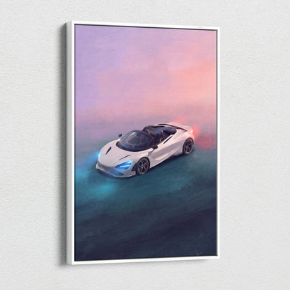 White McLaren 720S Spider convertible canvas art with glowing blue headlights and pinkish-purple sky background