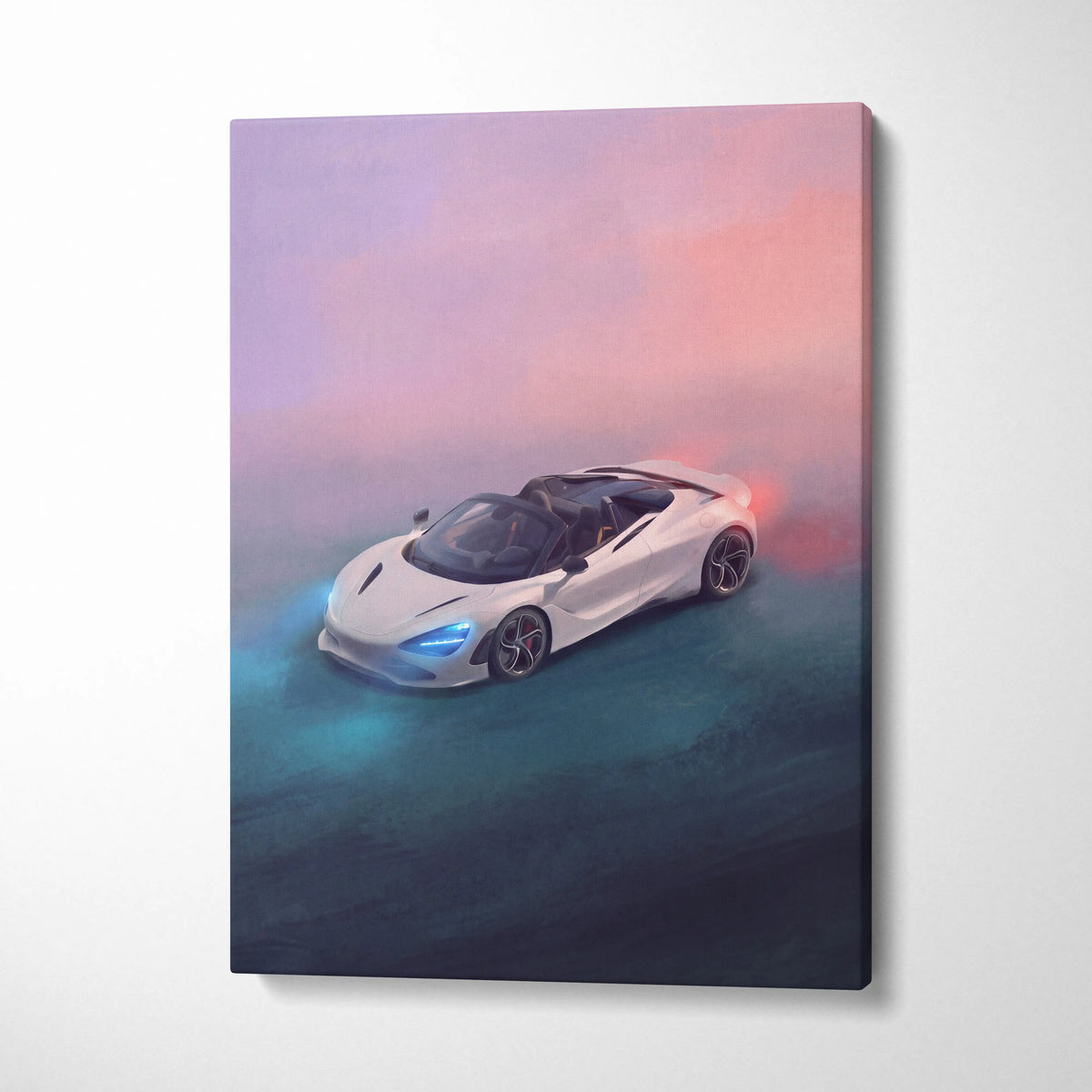 White mclaren 720s spider inspired canvas art with glowing blue headlights and red exhaust flames on pink teal sky