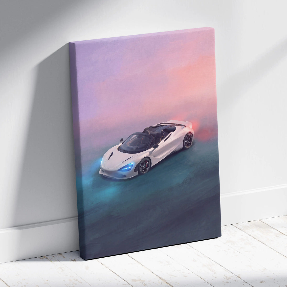 White mclaren 720s spider inspired canvas art with glowing blue headlights and pink purple sky backdrop premium decor